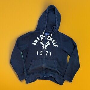 Y2K AE American Eagle Mens L Hoodie Blue Full Zip Faded Black Logo Heavy